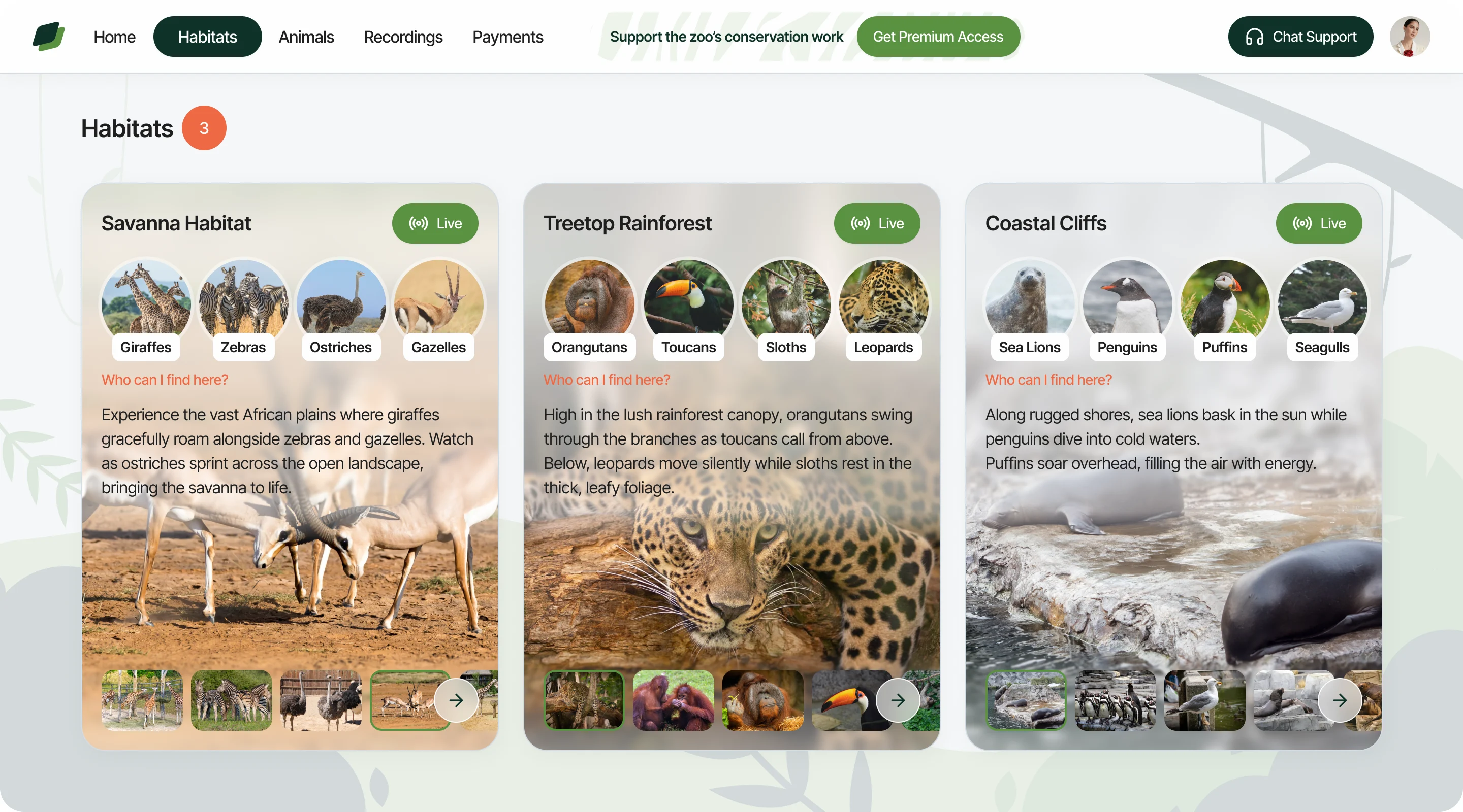 The Habitats page on desktop: three live habitat cards, Savanna Habitat, Treetop Rainforest and Coastal Cliffs, each with round animal chips, a description and a photo strip