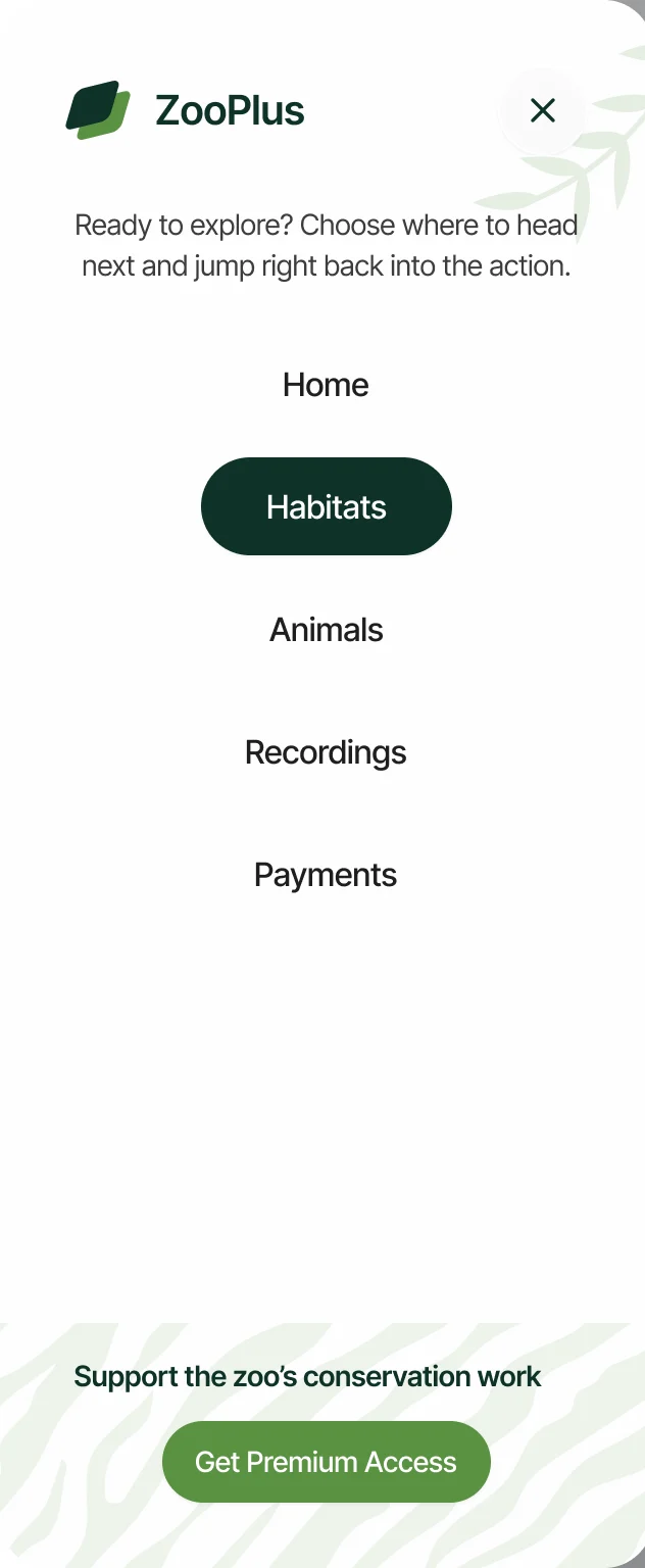 The tablet side menu: Home, Habitats with its highlight, Animals, Recordings and Payments, and a Get Premium Access button at the bottom