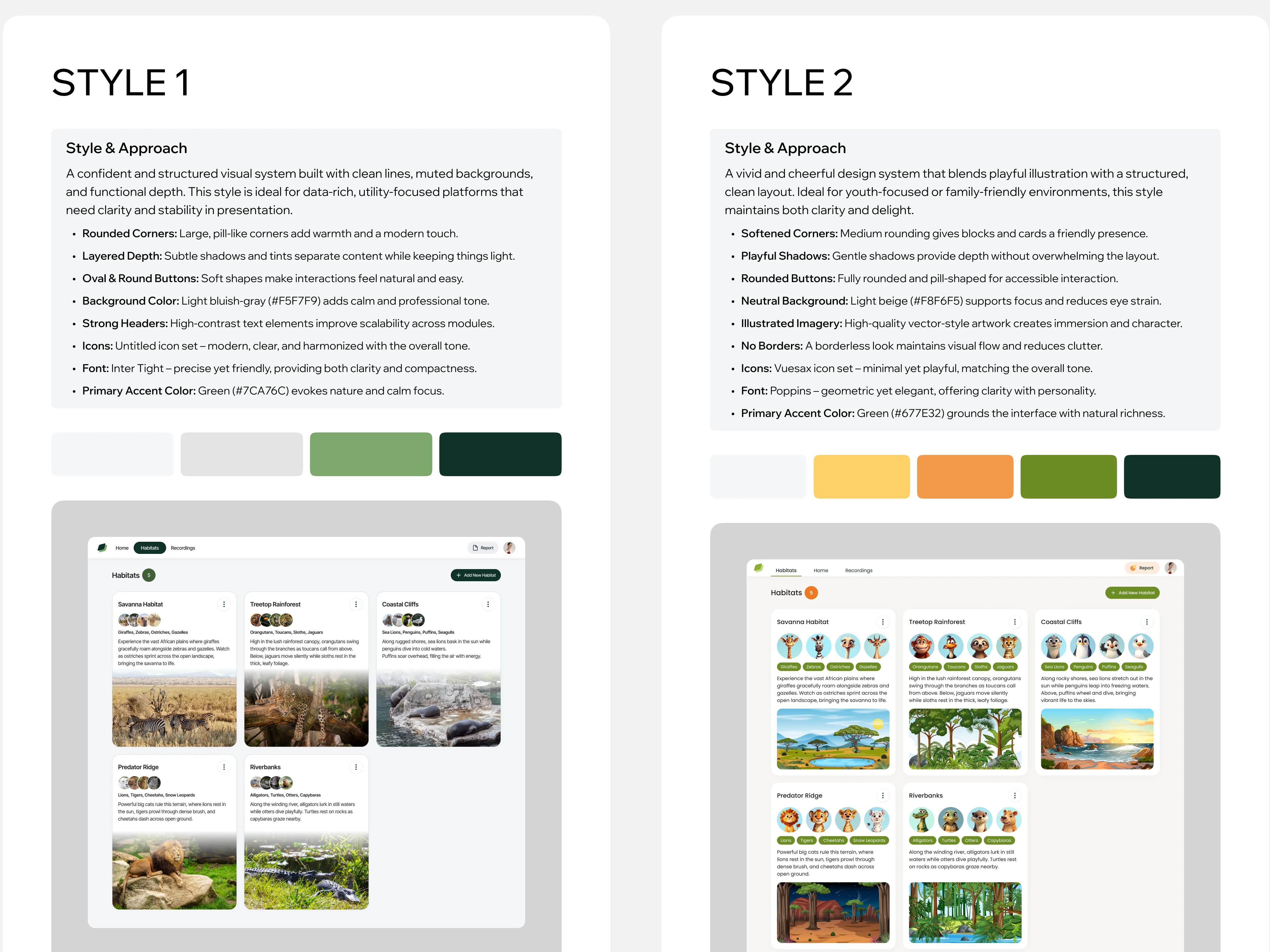 Two style boards side by side: Style 1, muted and photo-based in green, and Style 2, illustrated in yellow, orange and green, each with its palette and a Habitats page