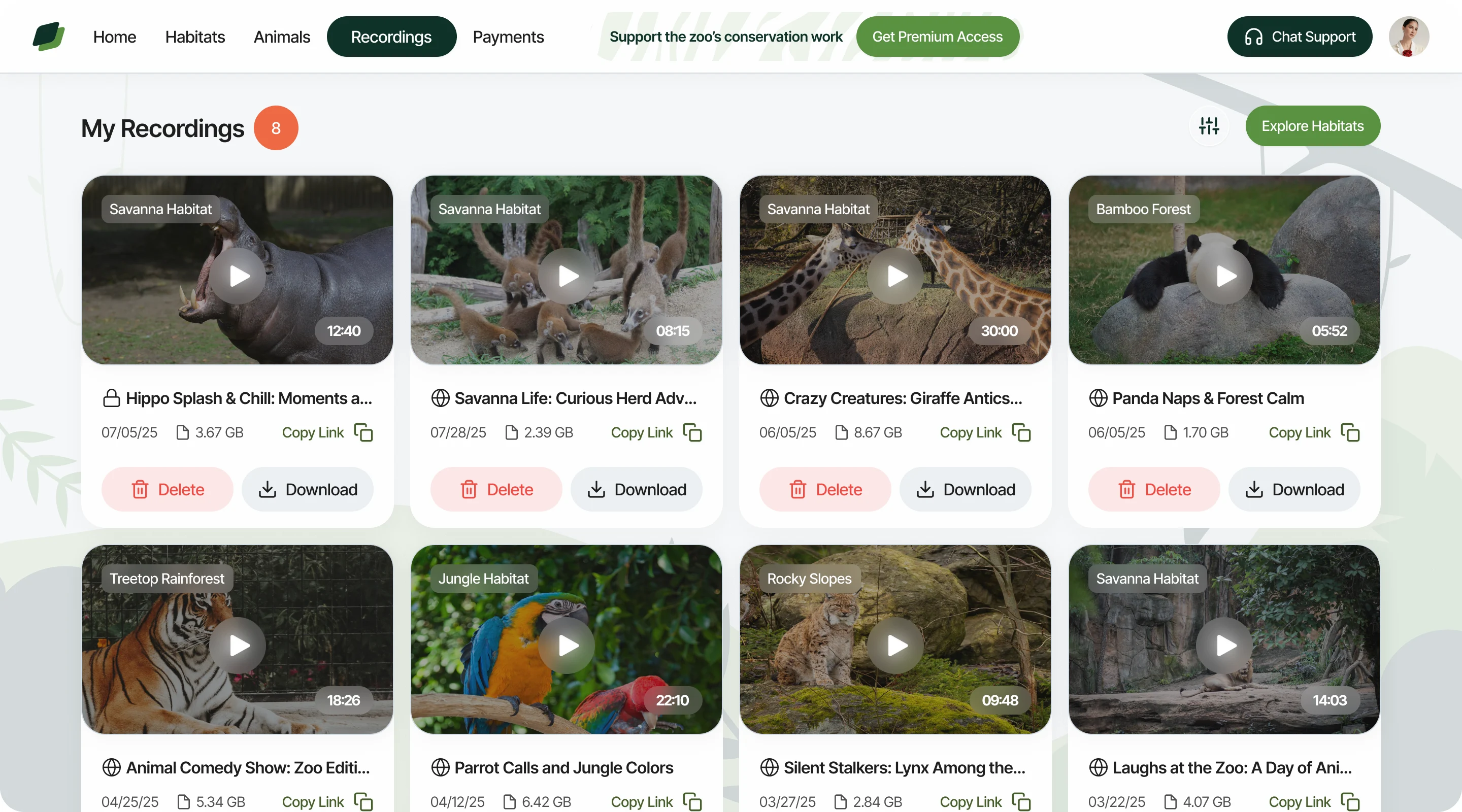 My Recordings: eight saved clips as video cards with habitat tags, lengths, dates, file sizes and Copy Link, Delete and Download actions