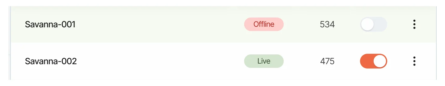 Two camera rows: Savanna-001 Offline with its toggle off, and Savanna-002 Live with its toggle on
