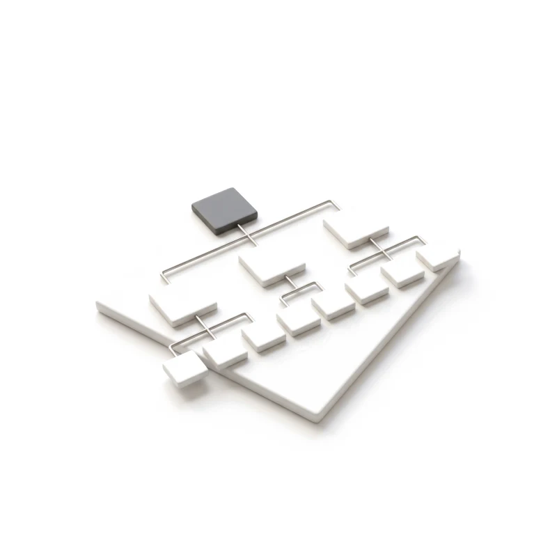 A ceramic plate carved as an org chart, small tiles joined by steel rails, the top tile in graphite.