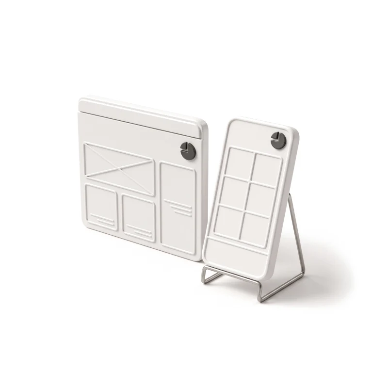 A white ceramic phone on a steel stand and a browser-shaped slab, each carrying the same graphite mark.