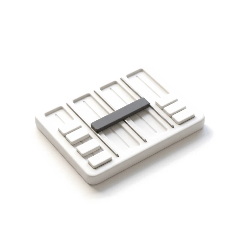 A white ceramic board with four stage columns on steel dividers, small deal tiles in them and one graphite tile crossing between stages.