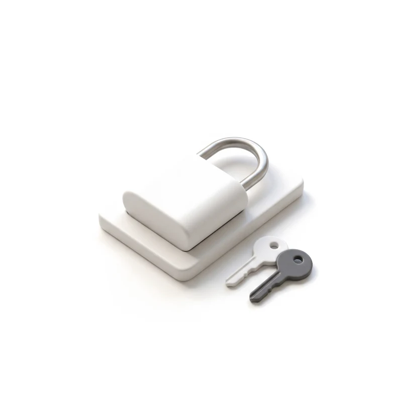 A white ceramic padlock with a steel shackle on a ceramic base, a white key and a graphite key beside it.