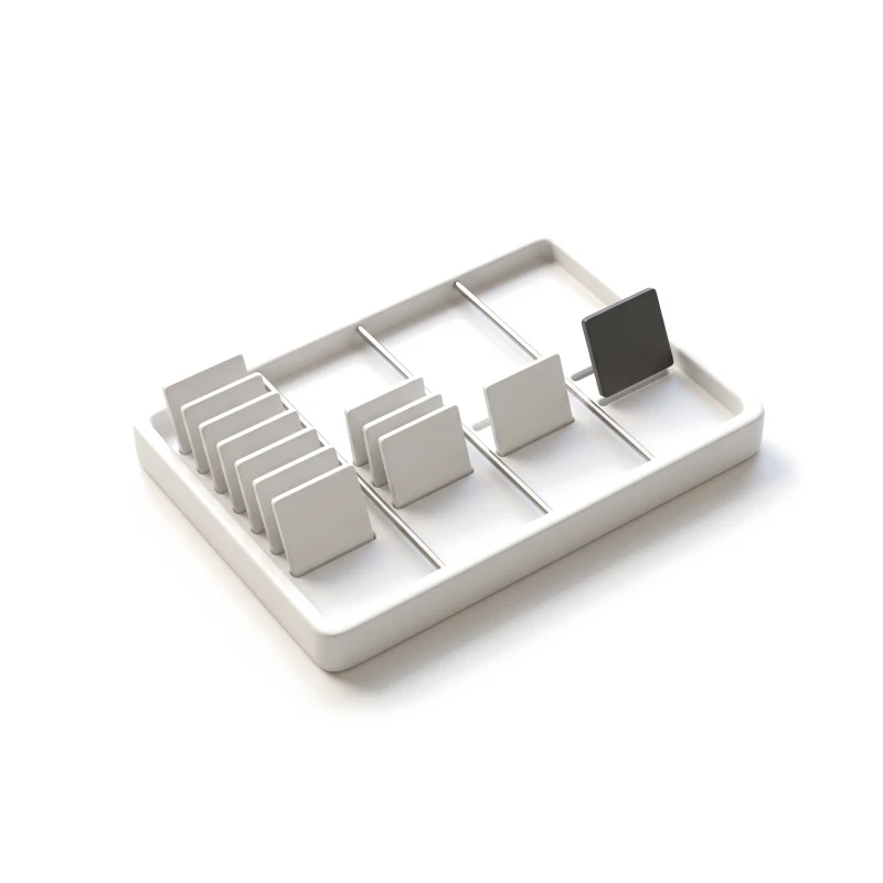 A white ceramic tray split into four stage columns by steel rails, cards thinning out left to right, a graphite card in the last column.