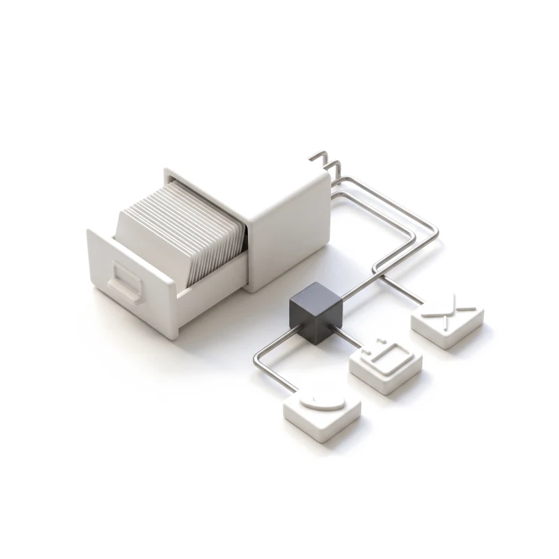 A ceramic card drawer full of record cards, piped by steel rods through a graphite box to envelope, calendar and phone blocks.