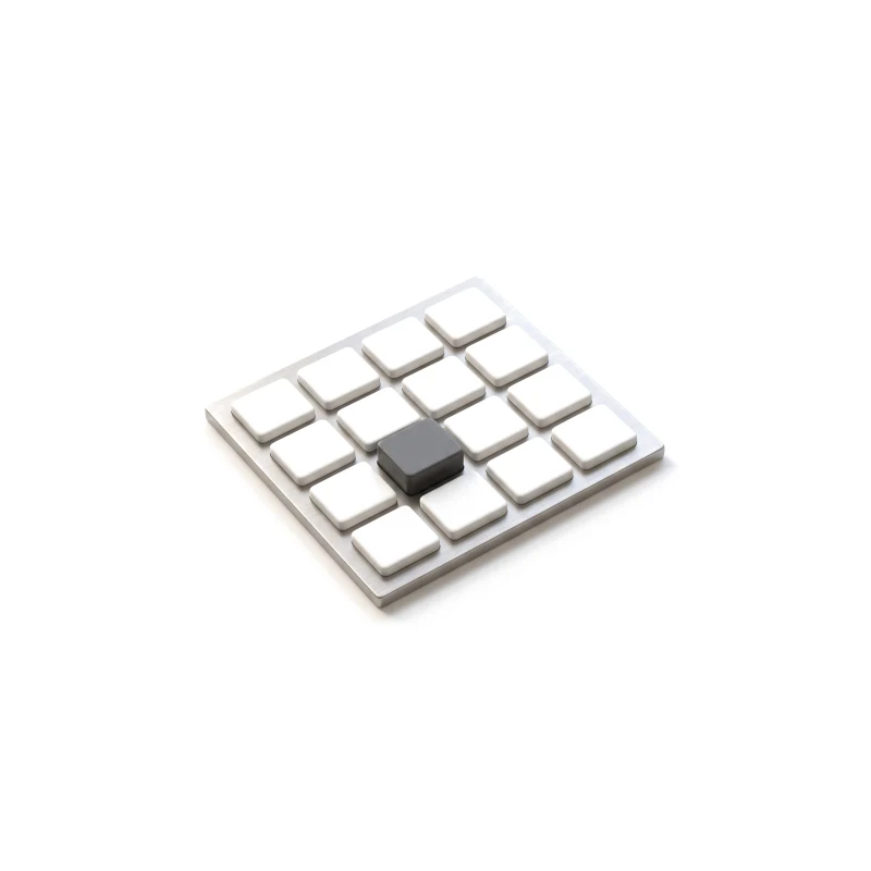 A ceramic grid of small seat tiles in a steel frame, one tile raised in graphite.