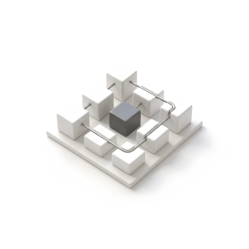 White ceramic module blocks of different sizes on one base plate, joined by a steel rail, the centre block in graphite.