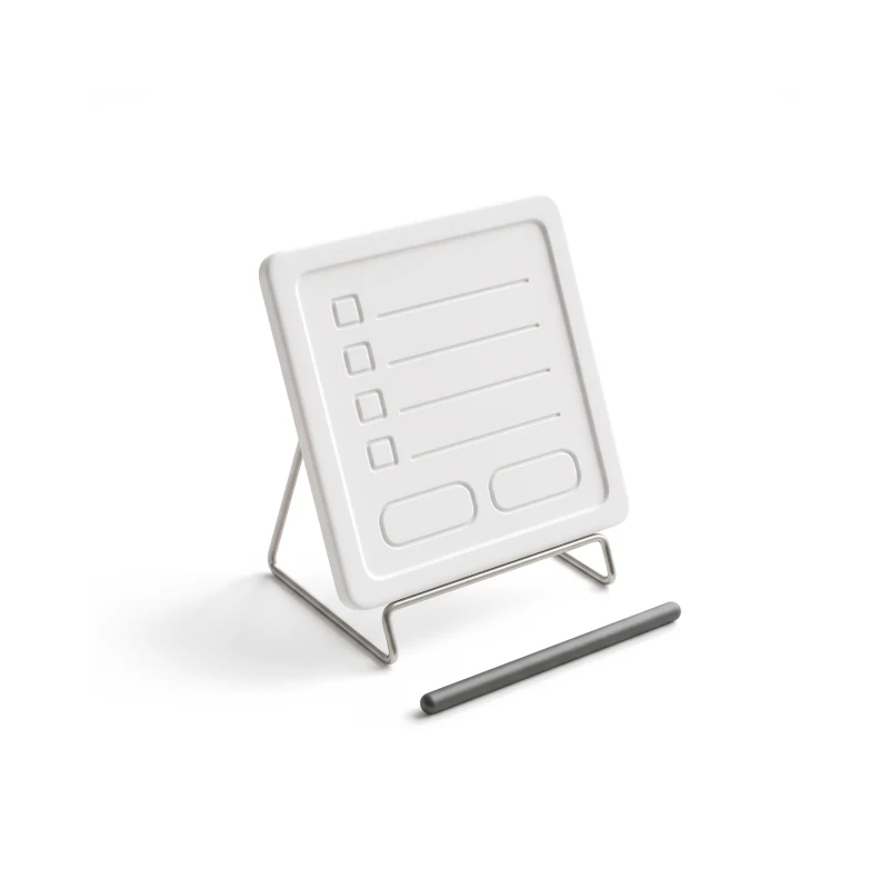 A white ceramic tablet with a carved checklist and large buttons, held on a steel stand, a graphite stylus beside it.