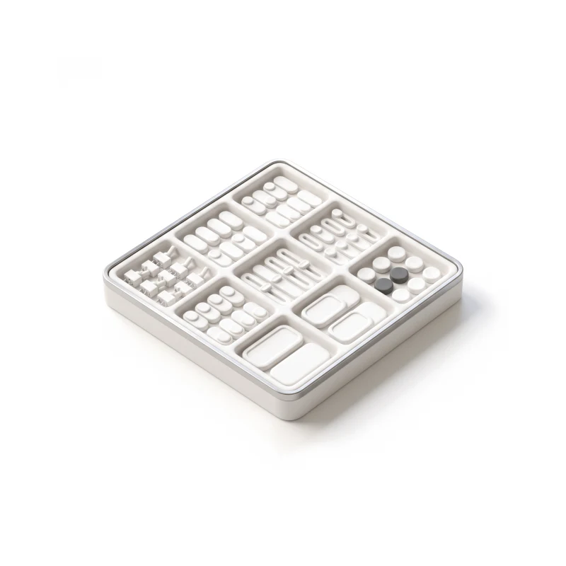 A white ceramic tray with a steel rim, its compartments holding sorted ceramic toggles, buttons, sliders and cards, one round button in graphite.