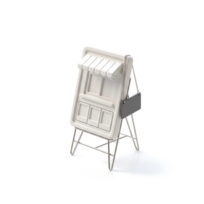 A ceramic shop-front tablet with an awning on a steel easel, a graphite sign hanging from it.
