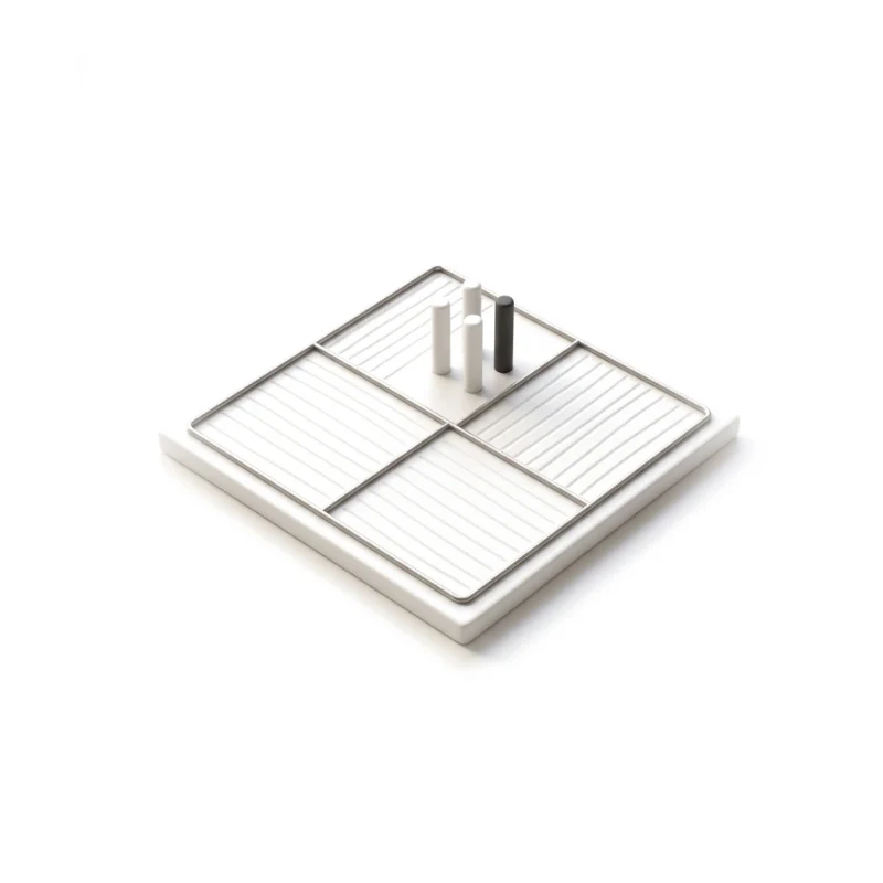 A ceramic field tile of crop rows split into plots by steel outlines, sample pins in one plot, one pin in graphite.