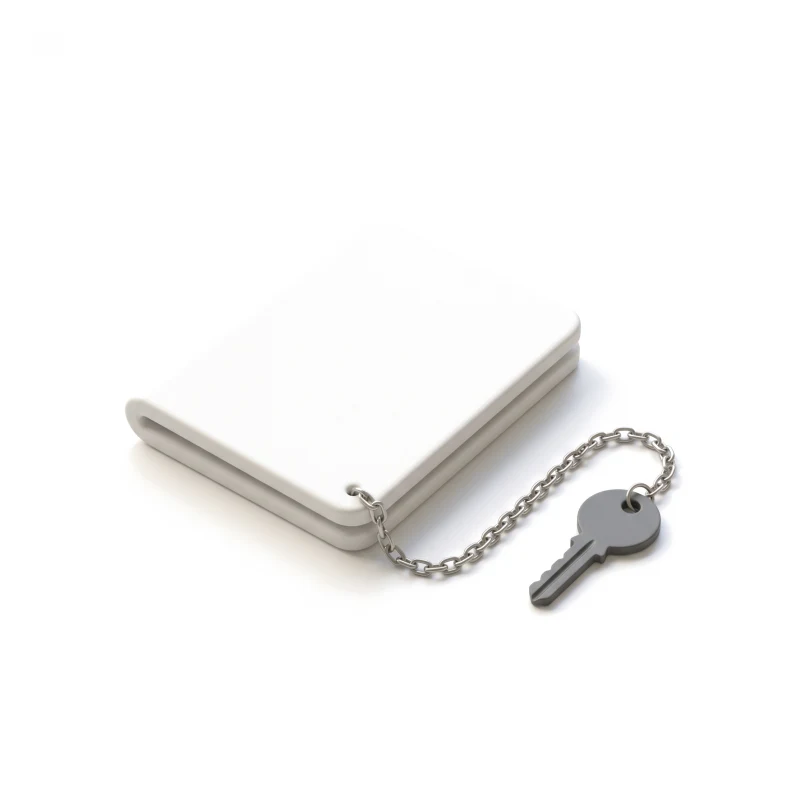 A white ceramic wallet block joined by a thin steel chain to a small graphite key.