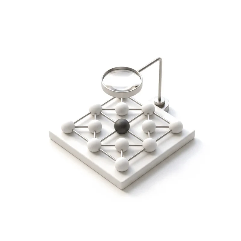 White ceramic nodes joined by thin steel rods, a steel lens over the central node in graphite.