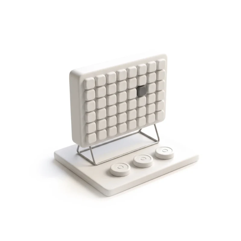 A ceramic monitor covered in a grid of device tiles, one in graphite, three small thermostat pucks in front.
