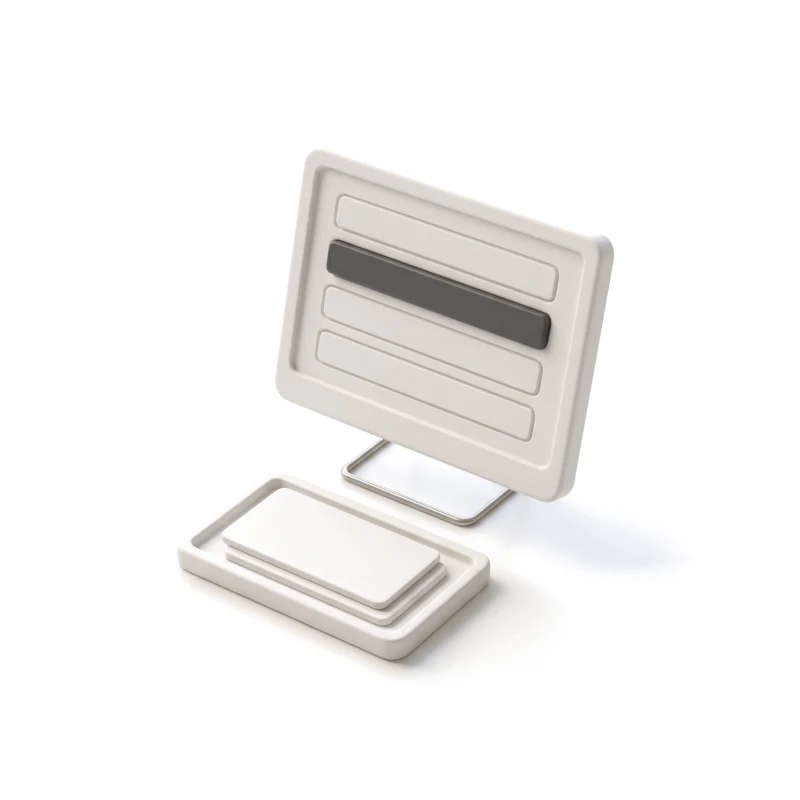 A white ceramic monitor on a thin steel stand, carved with a list of rows, one row raised in graphite, a tray of ceramic cards in front.
