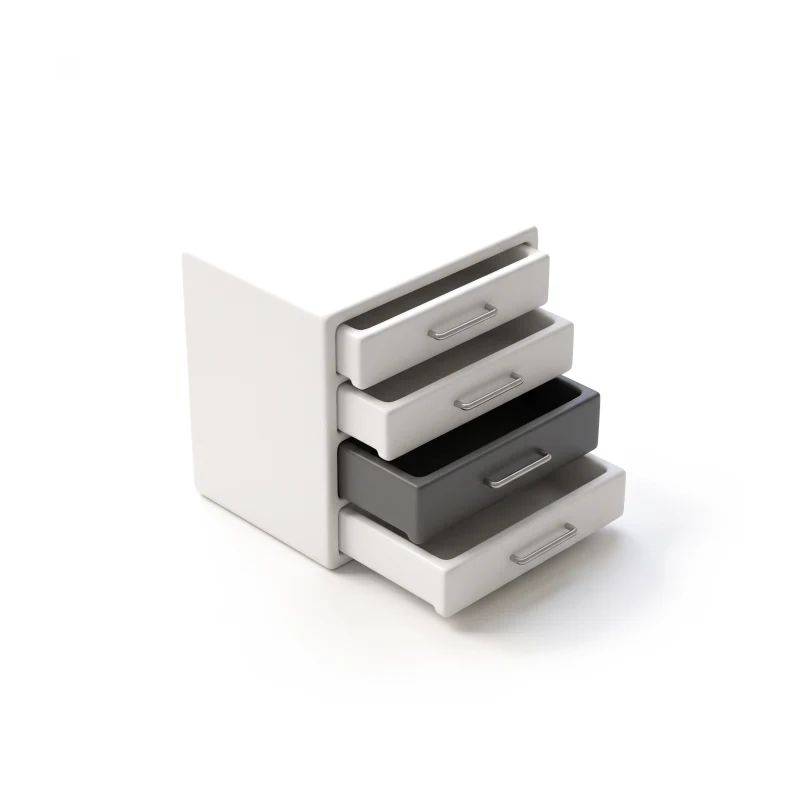 A small ceramic cabinet with four drawers pulled out to different depths, steel handles, one drawer front in graphite.