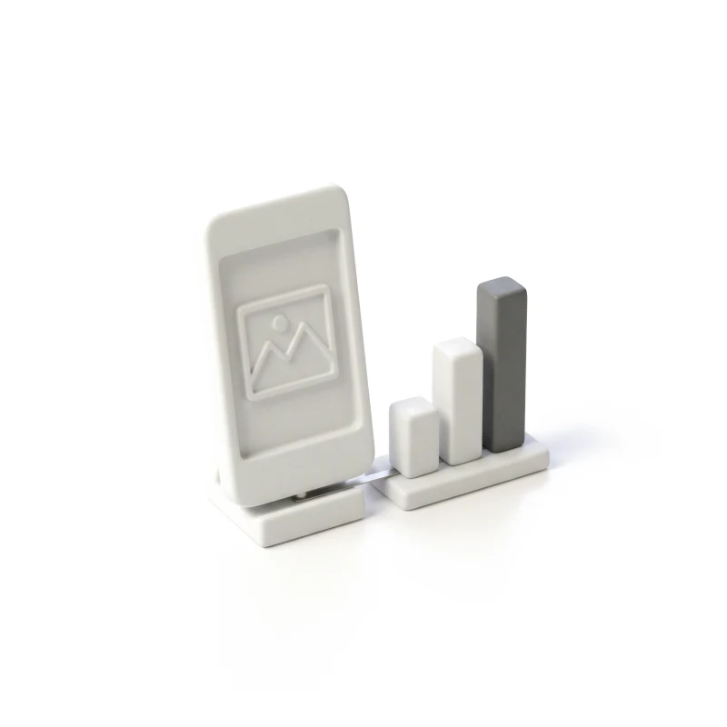 A ceramic phone showing one post image beside three rising ceramic bars, the tallest in graphite.