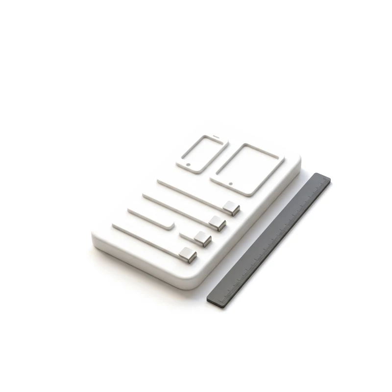 A flat white ceramic spec tablet with raised phone and tablet outlines above four ruled rows, each ending in a steel check tab, a graphite ruler beside it.