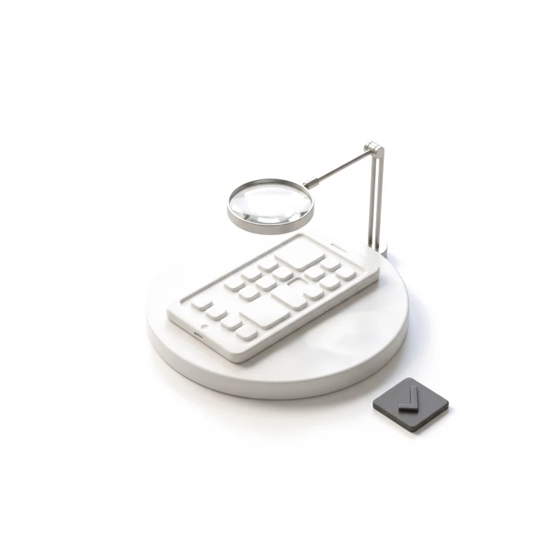 A white ceramic phone on a round ceramic turntable under a steel magnifying lens on an arm, a graphite check tile beside it.