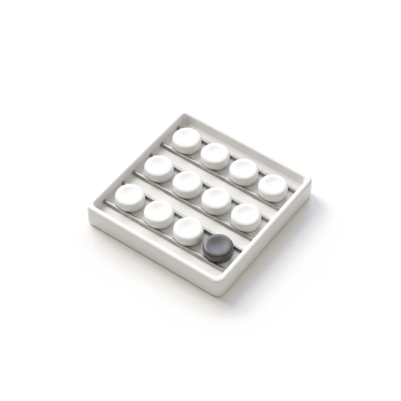 A white ceramic tray holding three rows of small device pucks on steel rails, one puck in graphite.