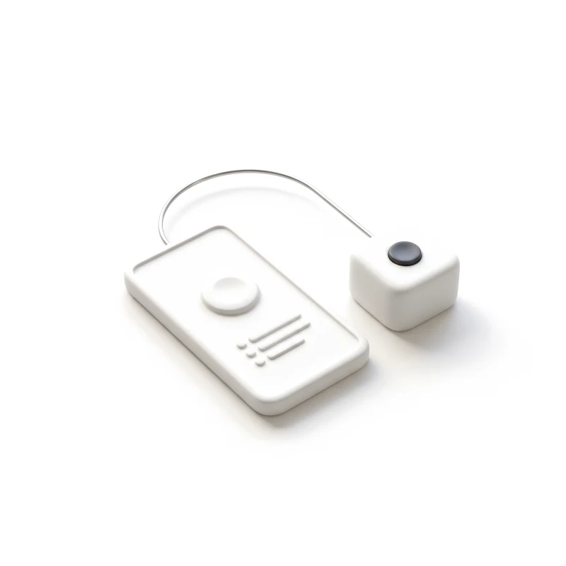 A white ceramic phone carved with a pairing screen, joined by a thin steel arc to a small ceramic hub with a graphite button.