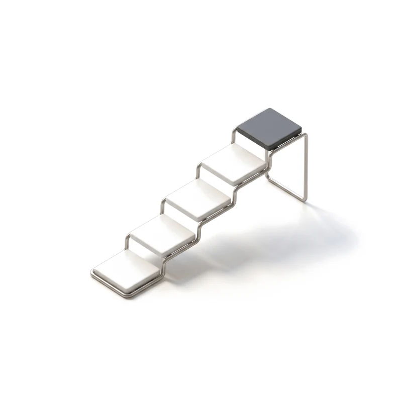 White ceramic course tiles rising as a staircase along a steel rail, the top tile in graphite.