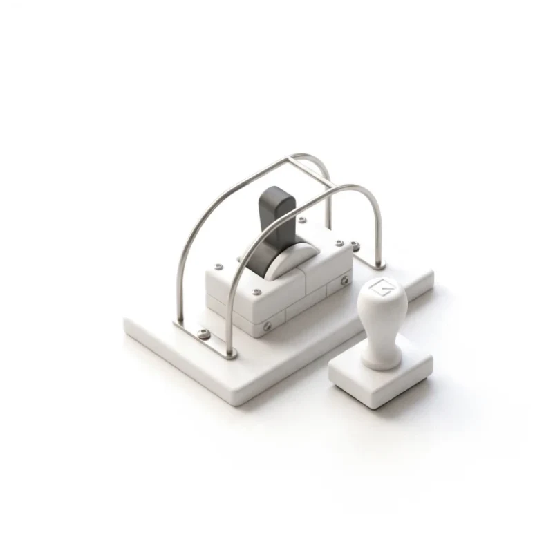 A ceramic toggle switch under a raised steel guard, its lever in graphite, a small approval stamp beside it.