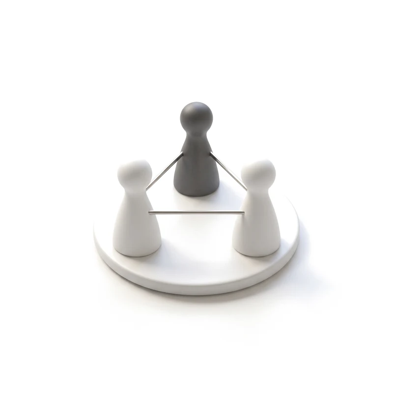 Two white ceramic pawns and one graphite pawn on a round ceramic base, joined by steel rods.