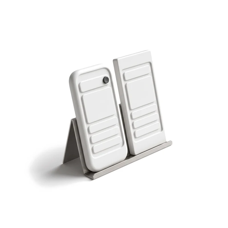 Two white ceramic phones with list screens standing side by side on one steel stand, a graphite camera dot on one of them.