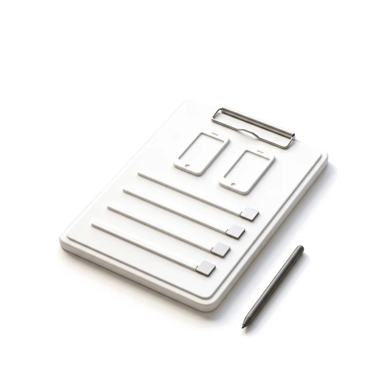 A white ceramic clipboard with two small raised phone outlines above four ruled rows, each ending in a steel check tab, a graphite stylus beside it.