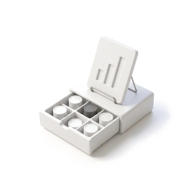 A half-open ceramic cash drawer of coin stacks, one graphite, a ceramic tablet with a bar chart on a steel stand behind it.