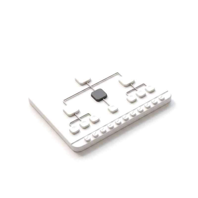 A flat white ceramic plan tablet carved with a tree of rounded nodes joined by steel rods, one node in graphite, a row of raised check tabs along its edge.