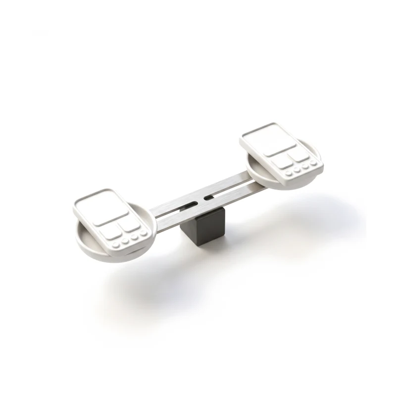 A level steel balance beam on a graphite pivot, a white ceramic phone lying in the pan at each end, one rounder and one squarer.