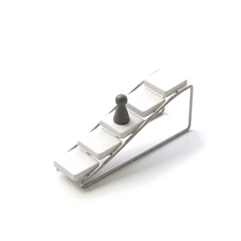 A white ceramic ramp of shallow steps on a steel rail, a graphite pawn standing part of the way up.