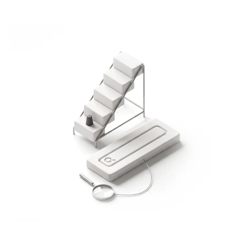 A ceramic search bar in front of a five-step ranking ladder on a steel frame, a graphite marker on one step.
