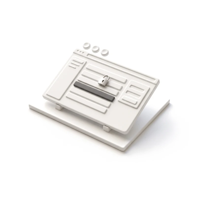 A tilted white ceramic browser window carved with a sidebar, table rows and a form, a steel padlock on one row, one row in graphite and three round avatar pegs above it.