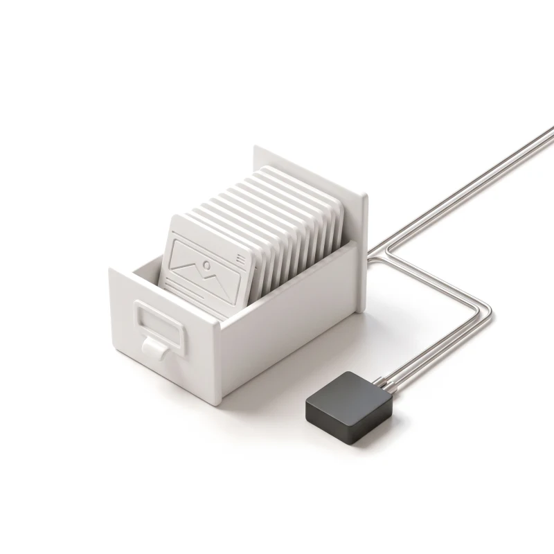 A white ceramic card drawer of identical cards, piped by steel rods to a small graphite box.