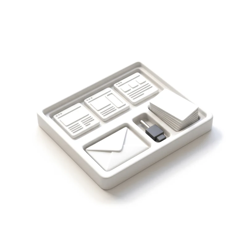 A white ceramic tray sorted into page tiles, a stack of cards, an envelope and a graphite connector.