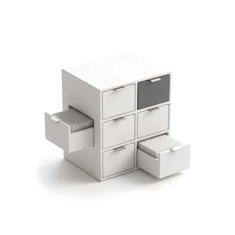 A white ceramic card cabinet with open drawers of index cards, one drawer graphite.