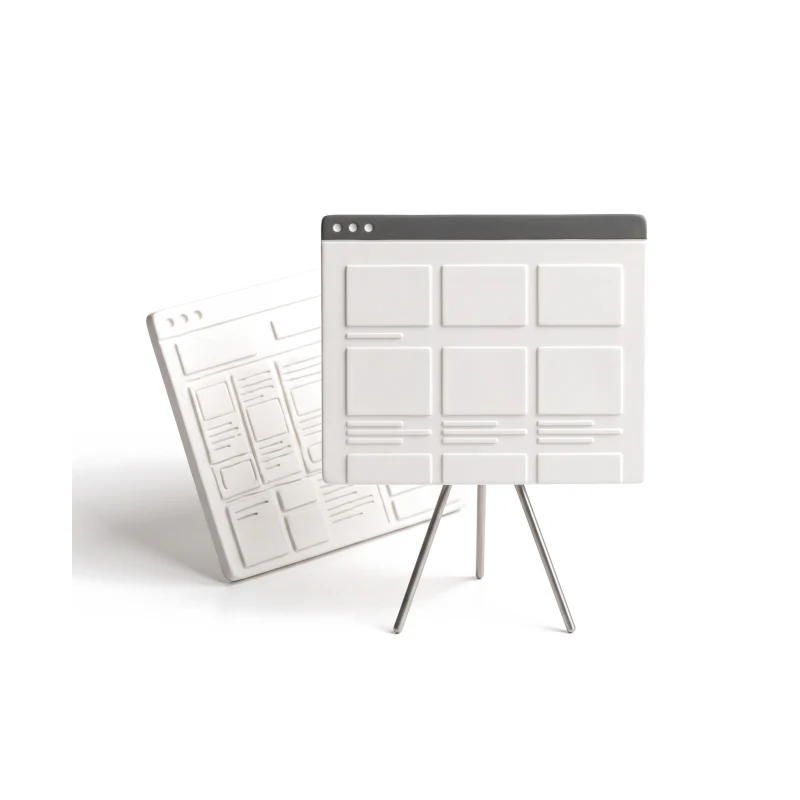 A clean ceramic browser window on a steel stand, an older cluttered one tilted behind it.