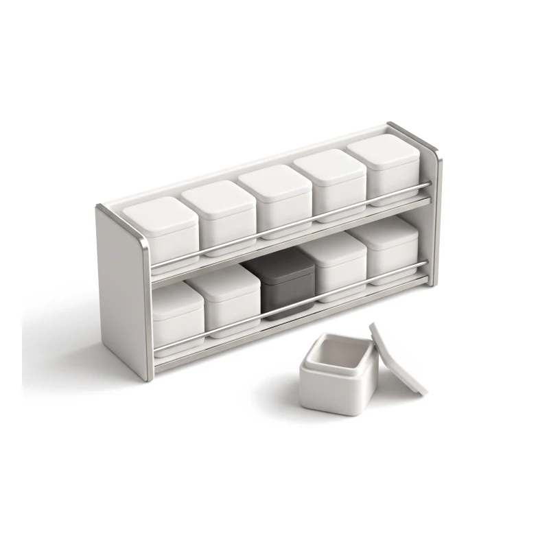 A white ceramic shelf of small lidded boxes in two rows, one box graphite, one lifted out onto the ground with its lid off.