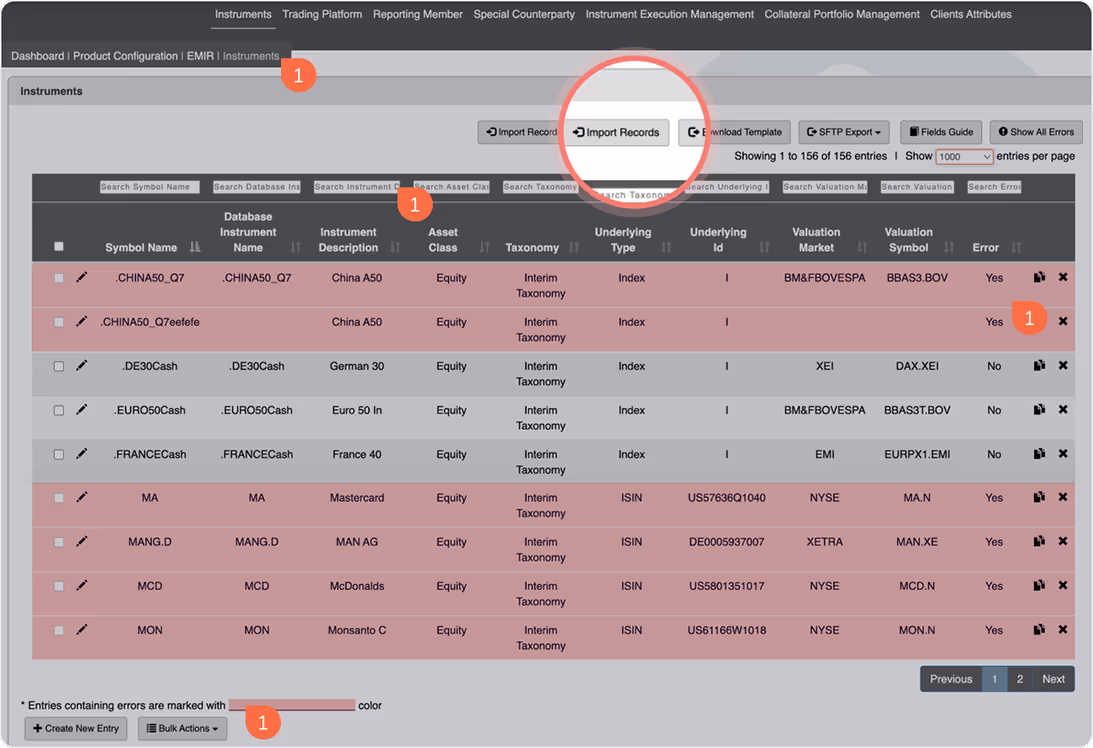 UX Audit screenshot of financial instruments dashboard highlighting usability issues in import flow and error visibility