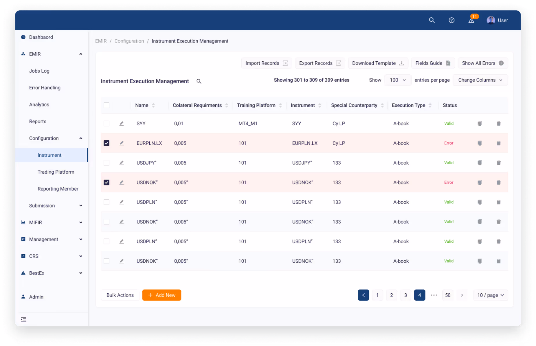 UX Audit screenshot of instrument execution management dashboard highlighting error states and data validation issues