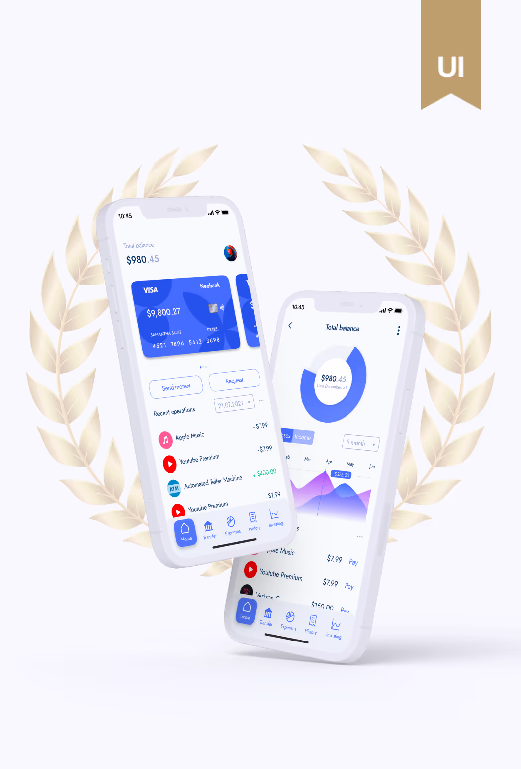 Design Team Extension service showcase: mobile banking app UI with transaction history, analytics, and clean financial dashboard