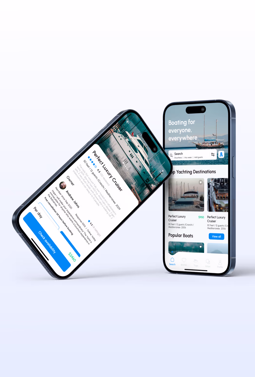 Two iPhones displaying a boat app, showcasing features and navigation options for boat enthusiasts.