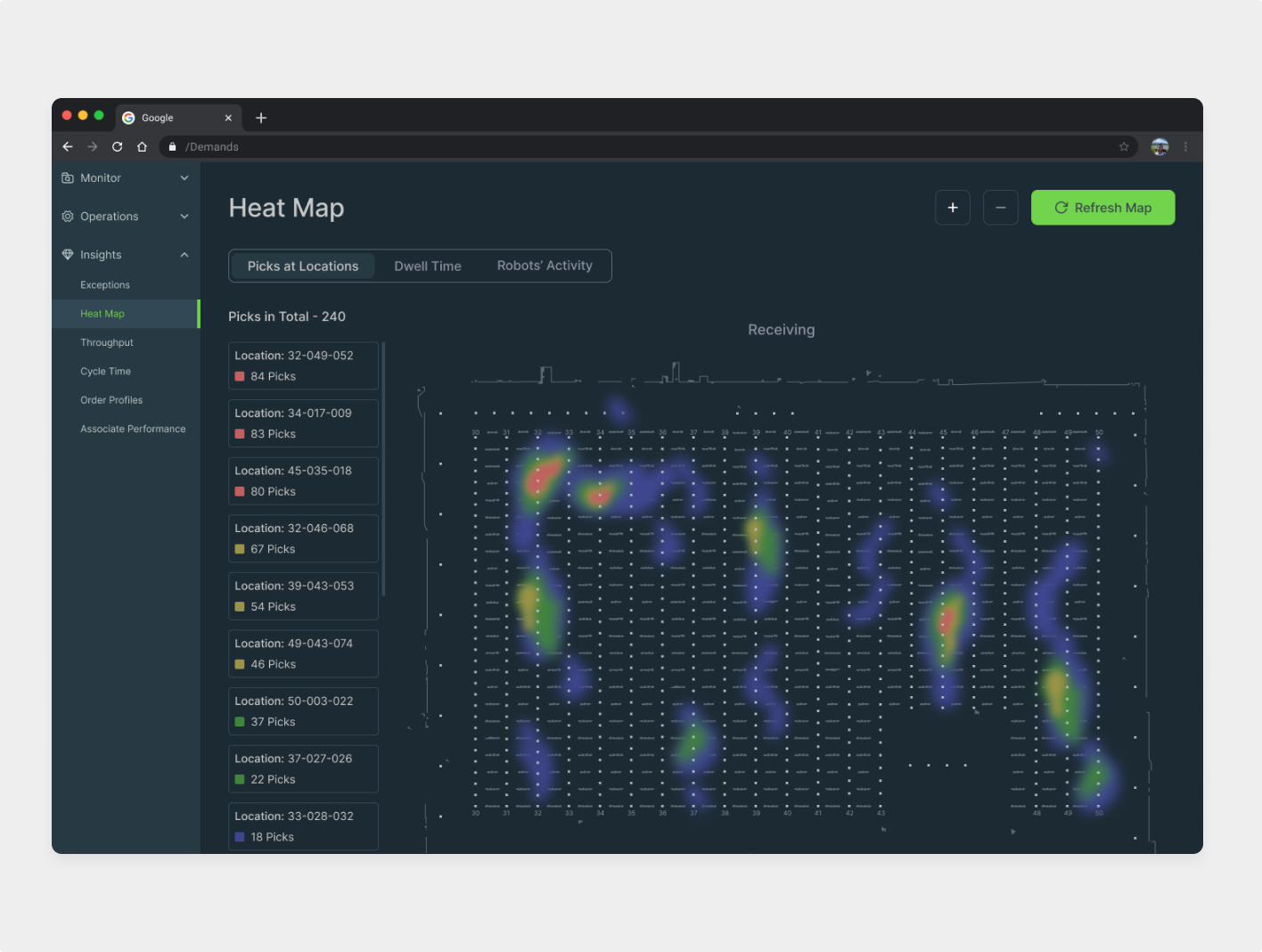 UX Audit heatmap visualization showing user interaction density across warehouse monitoring interface