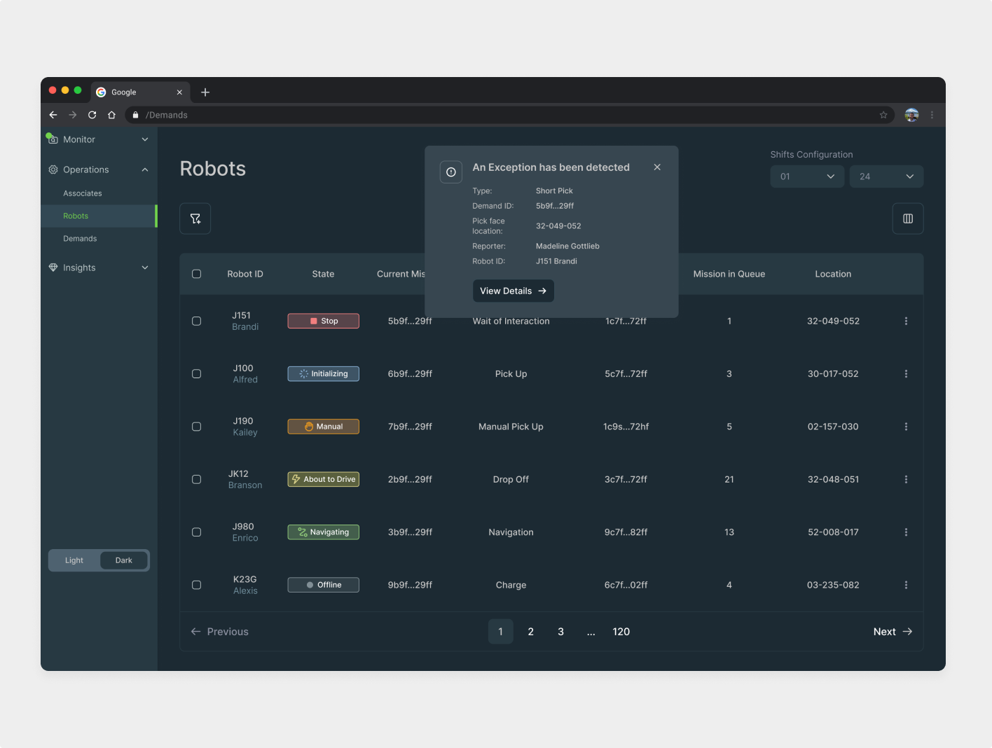 UX Audit screenshot of dark-mode warehouse interface showing robot status table with tooltip overlay
