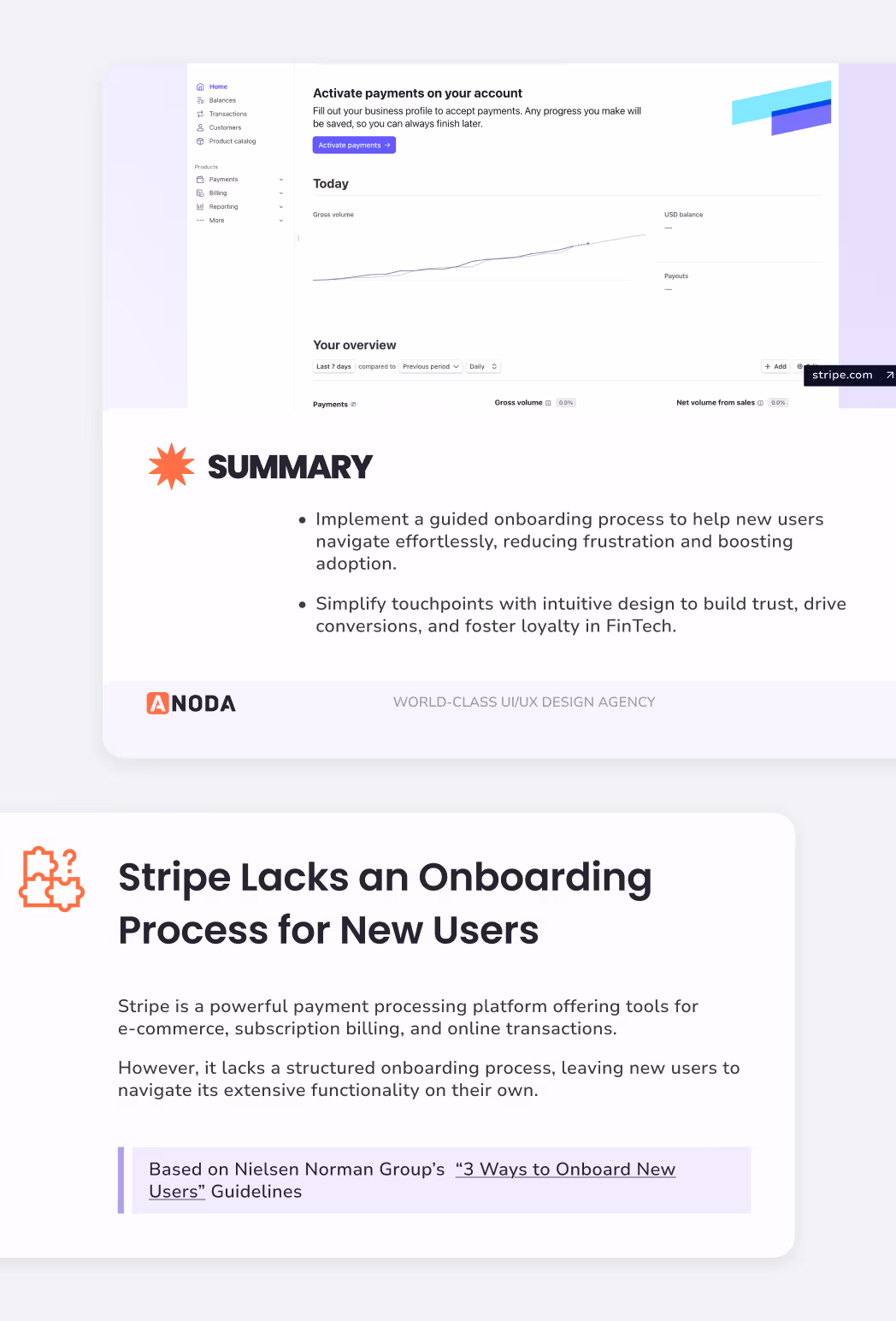 UX Audit service analysis of Stripe onboarding flow, highlighting usability gaps and suggesting improvements for better user adoption